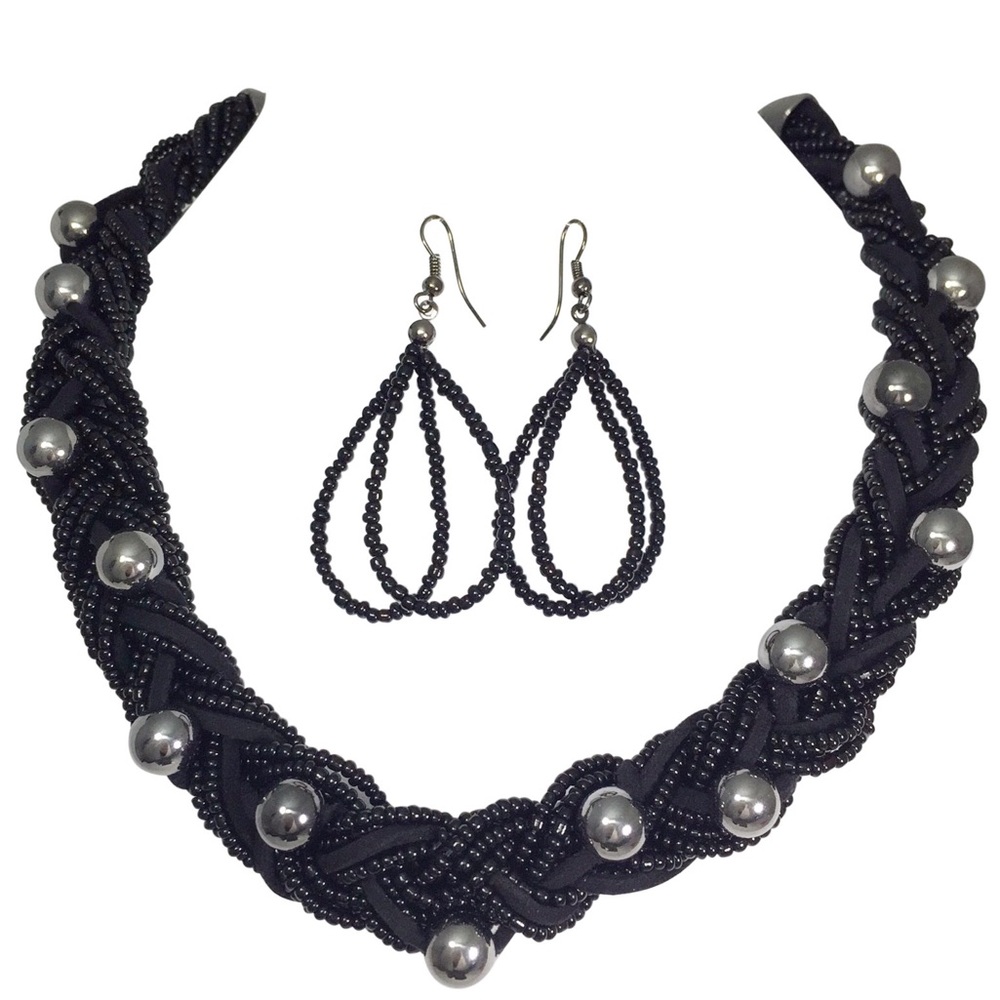 Black Braided Bead Suede Necklace Earrings Set